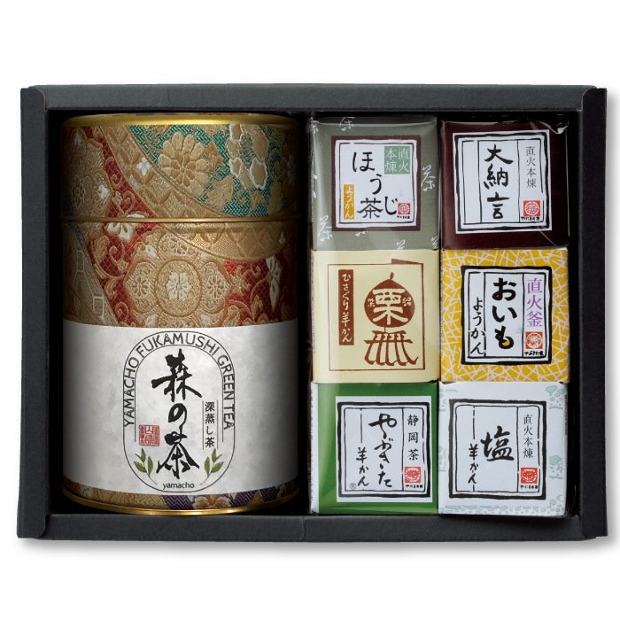 深蒸し茶箱入 森の茶・羊羹6個